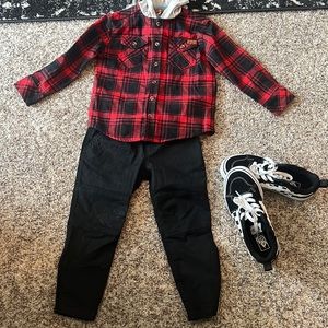 Red and Black Plaid Top with Black Bottoms Size 3T